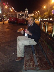 Terahl enjoying our first evening out since arriving in Europe.